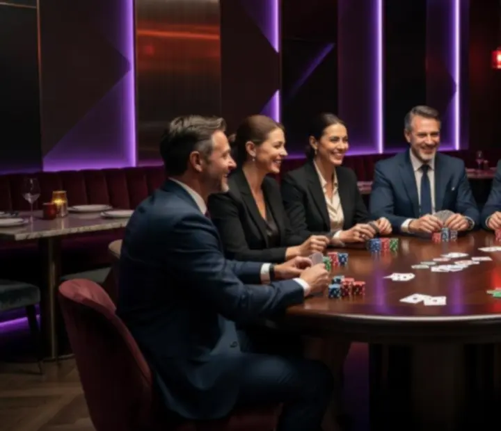 Céges csapat egy különteremben, társasági offline póker esten a Meeting Pooint 24-ben