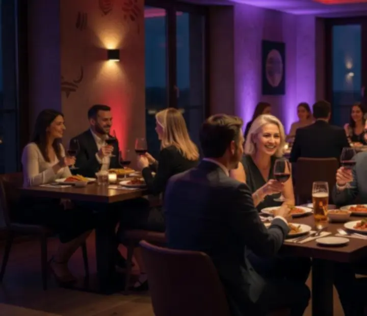 Esti hangulat a Meeting Pooint 24 étterem lounge részében, vendégek társasági asztaloknál