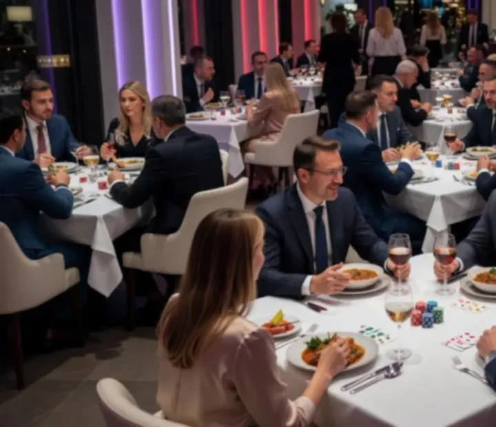 Elegáns budapesti étterem esti hangulattal, társasági asztalokkal és baráti beszélgetésekkel